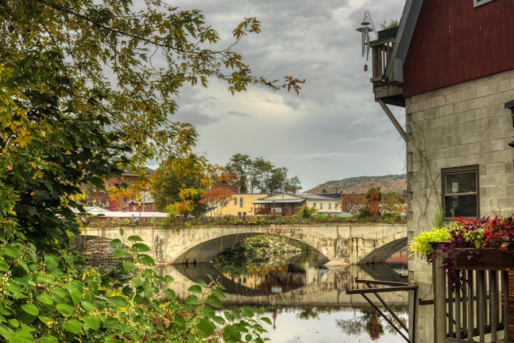 a bridge over a body of water next to a building