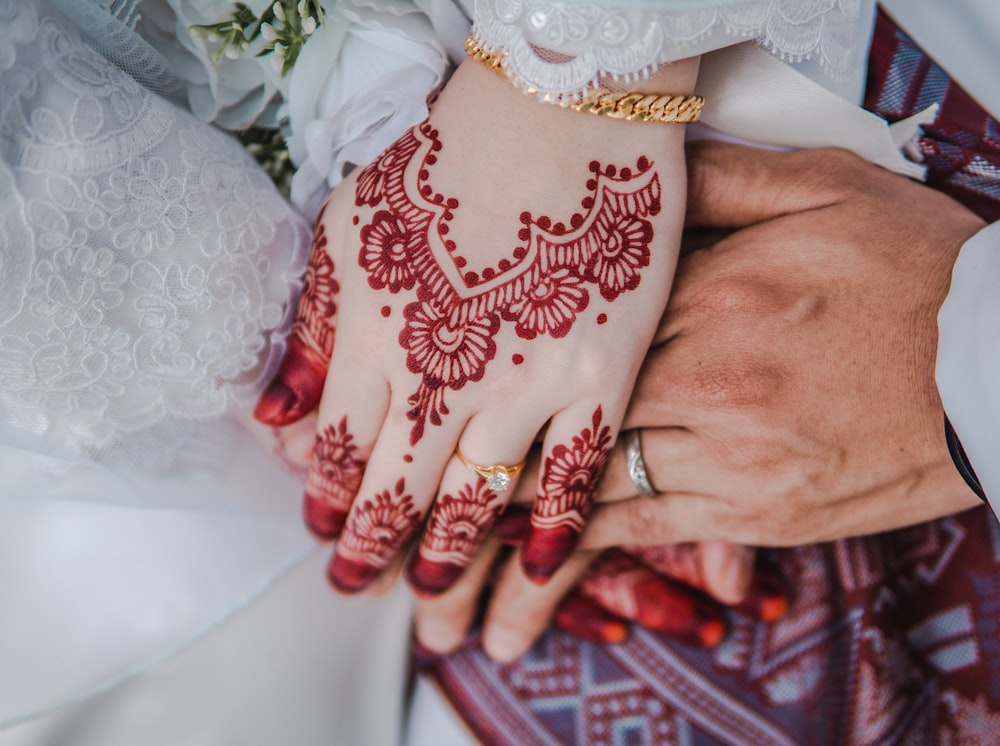 a close up of a bride and groom holding hands