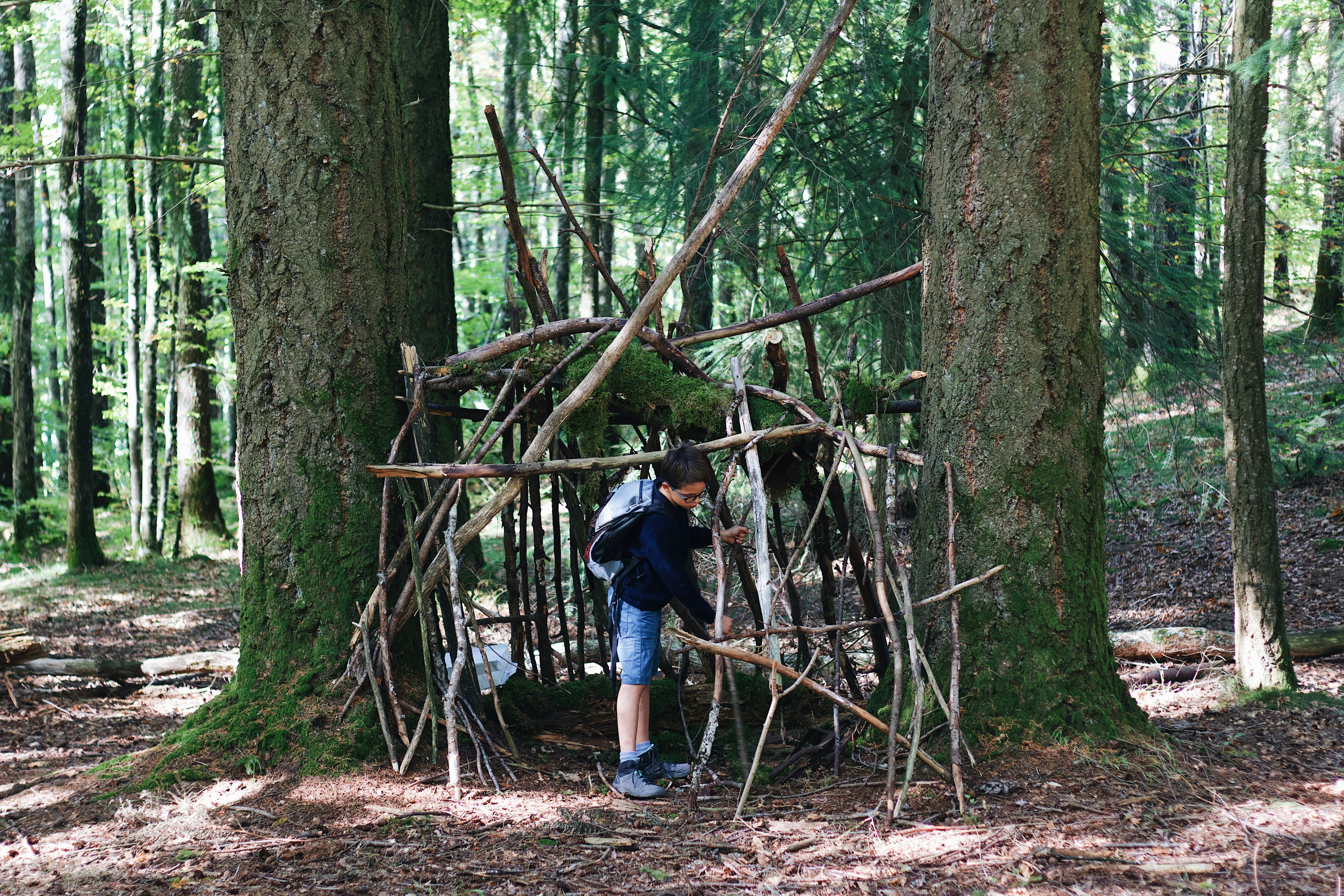 a person standing in the woods near a structure made out of sticks