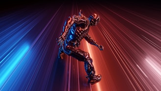 a man in a suit is running through a tunnel of light