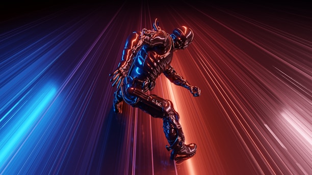 a man in a suit is running through a tunnel of light