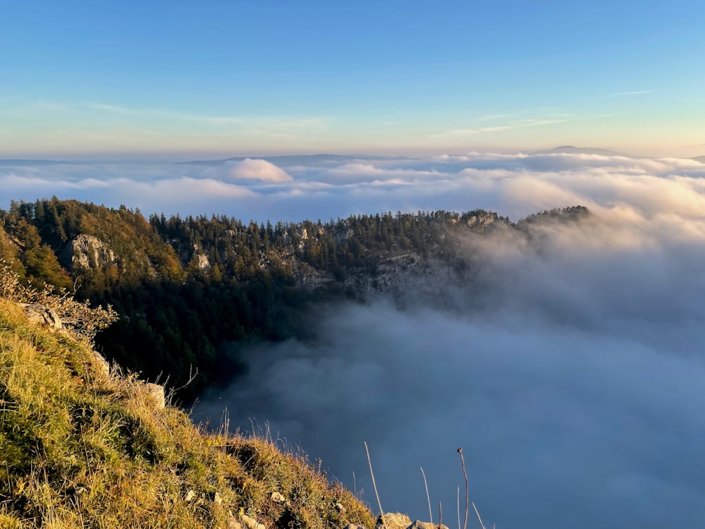 a view of a mountain with low lying clouds in the foreground