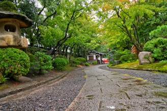 Elegant Japanese countryside landscape with a winding path and lush greenery.