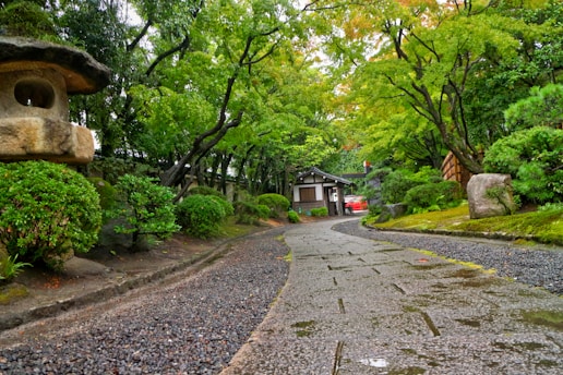 Elegant Japanese countryside landscape with a winding path and lush greenery.