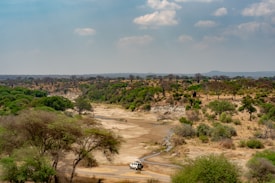 A vast African landscape displays a dry riverbed surrounded by dense green vegetation and scattered trees. A solitary vehicle traverses the dusty path, suggesting a safari experience. The sky is clear with a few scattered clouds, presenting a serene and open ambiance.