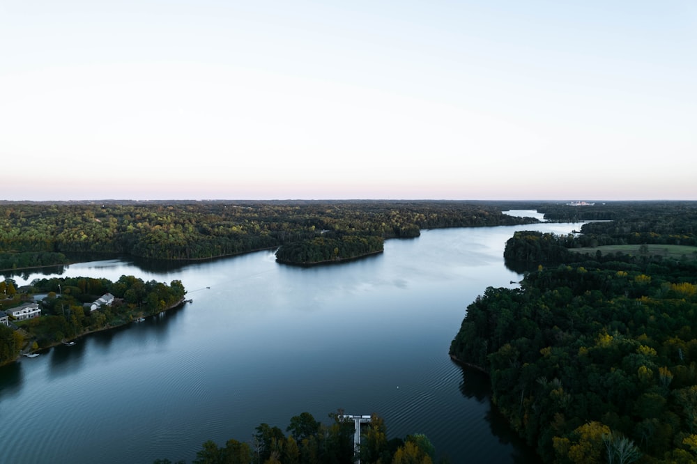 a large body of water surrounded by trees