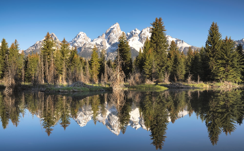 a mountain range is reflected in the still water of a lake