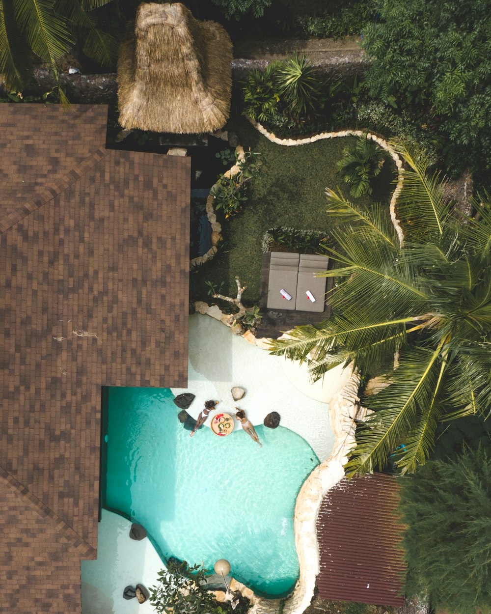 an aerial view of a pool surrounded by palm trees