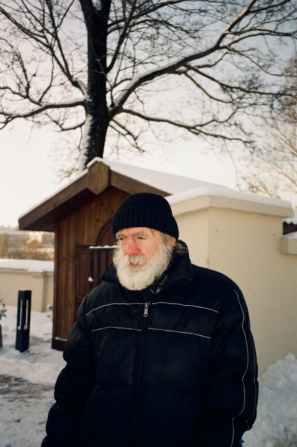 a man with a white beard standing in front of a tree