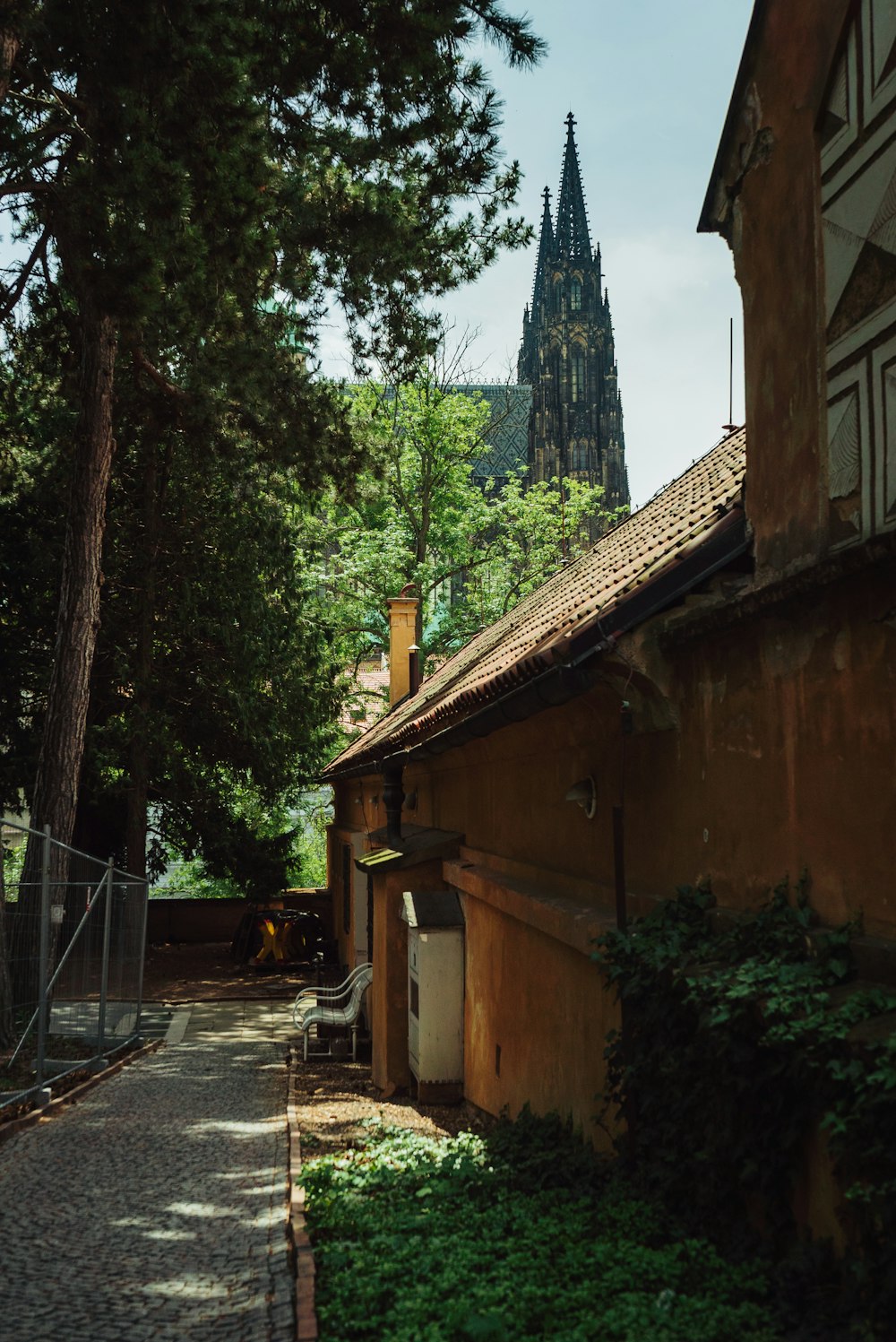 an old building with a steeple in the background