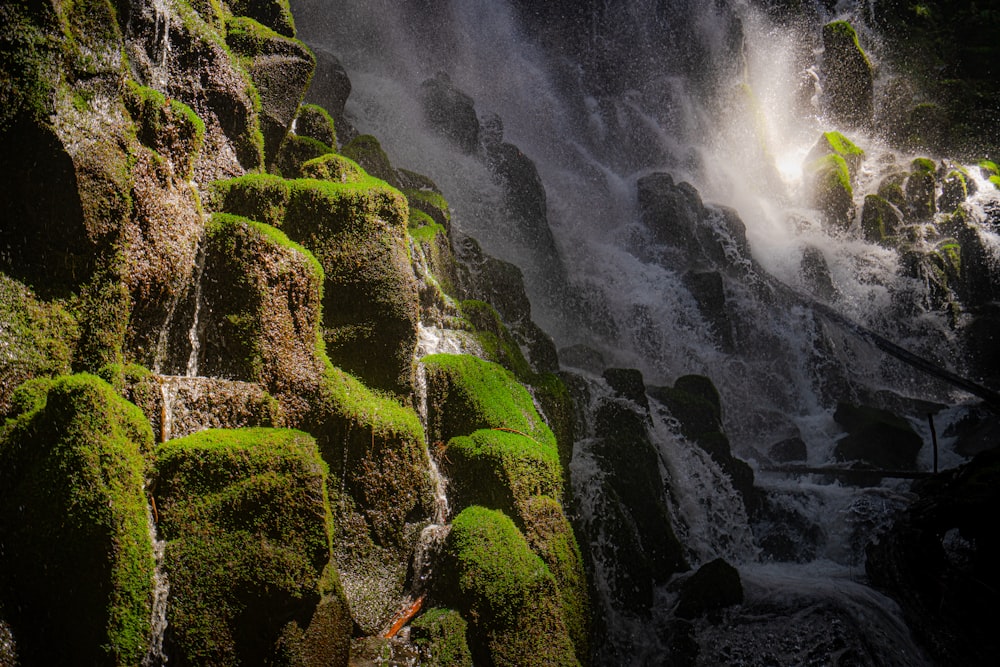 a waterfall with moss growing on the rocks
