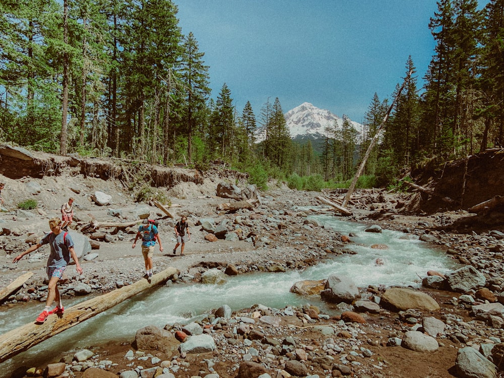 a group of people crossing a river on a log