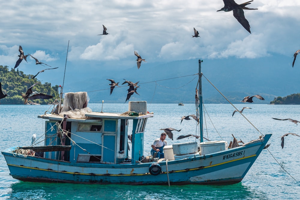 a fishing boat with seagulls flying around it