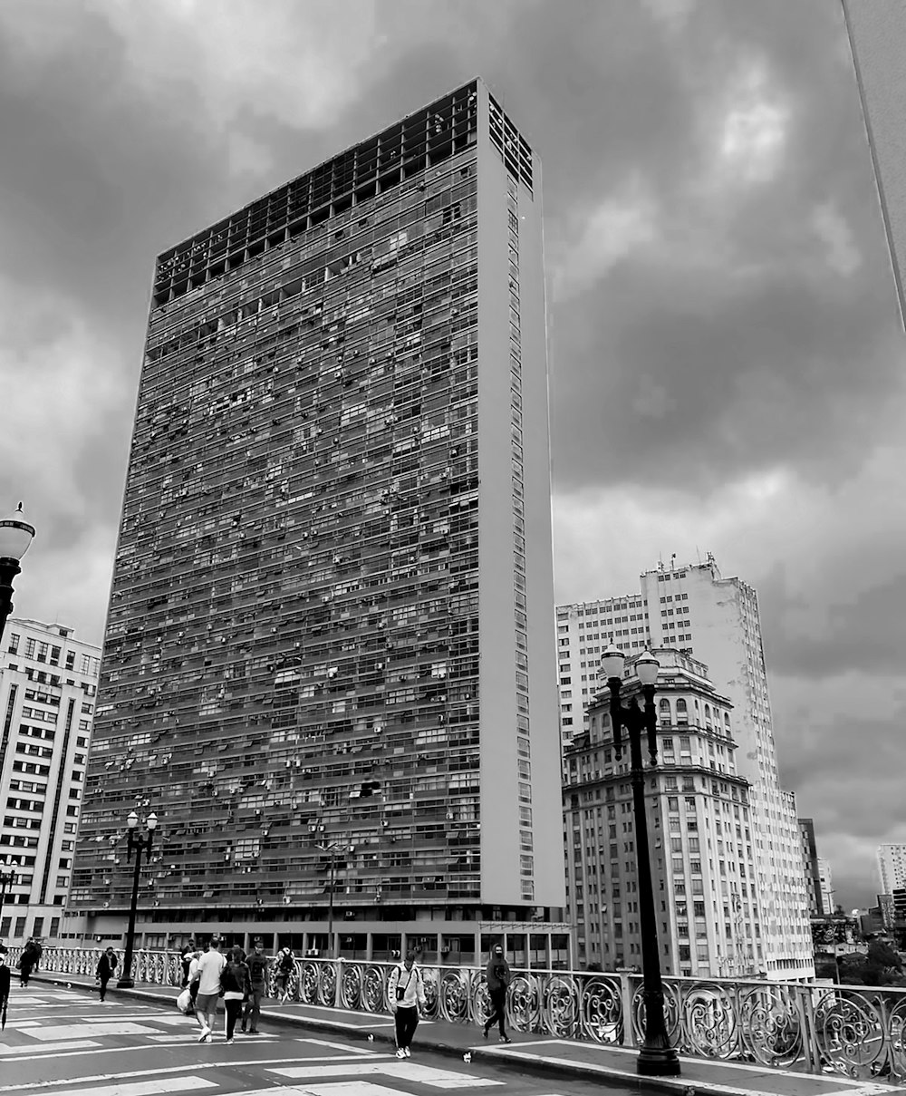 black and white photograph of a tall building