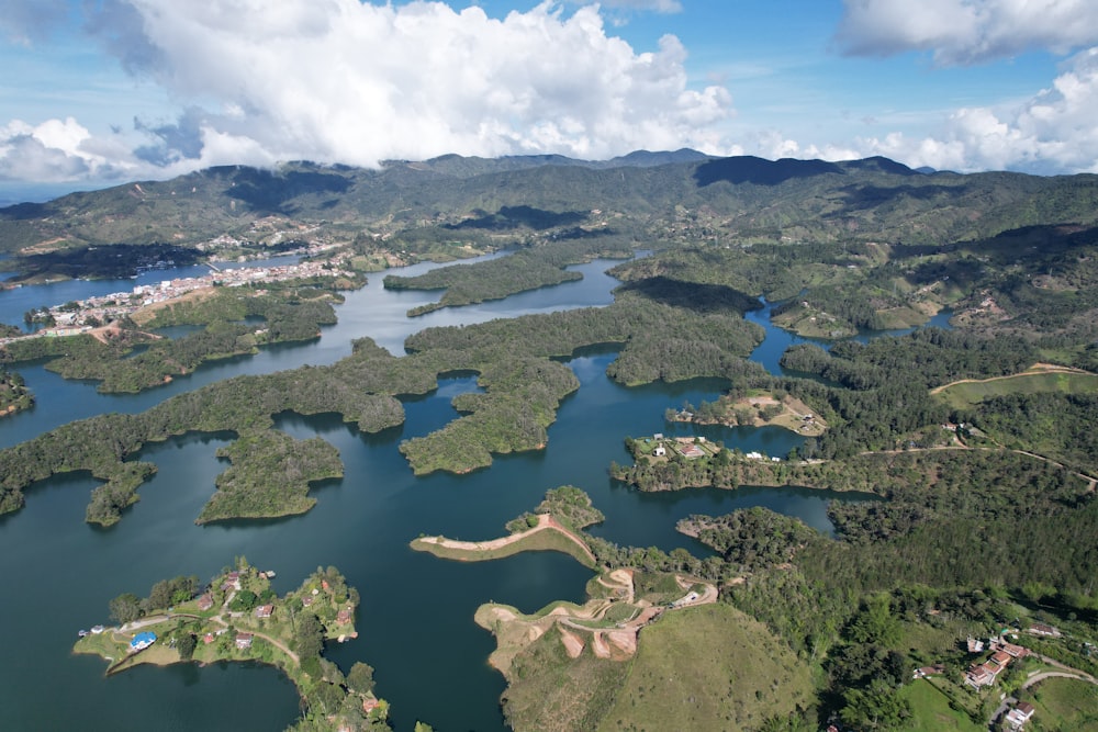 an aerial view of a lake surrounded by mountains