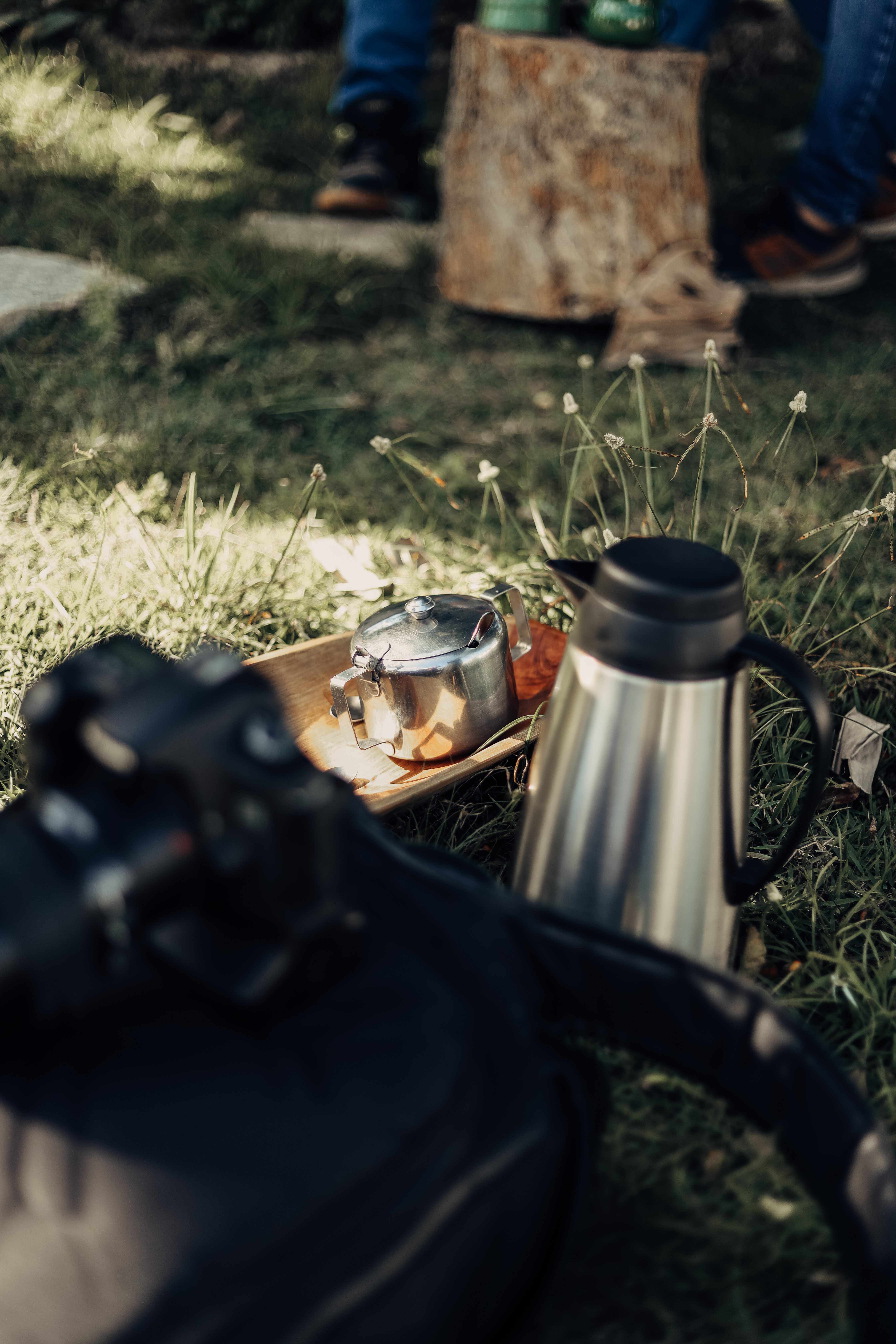 a plate of food sitting on the ground next to a backpack