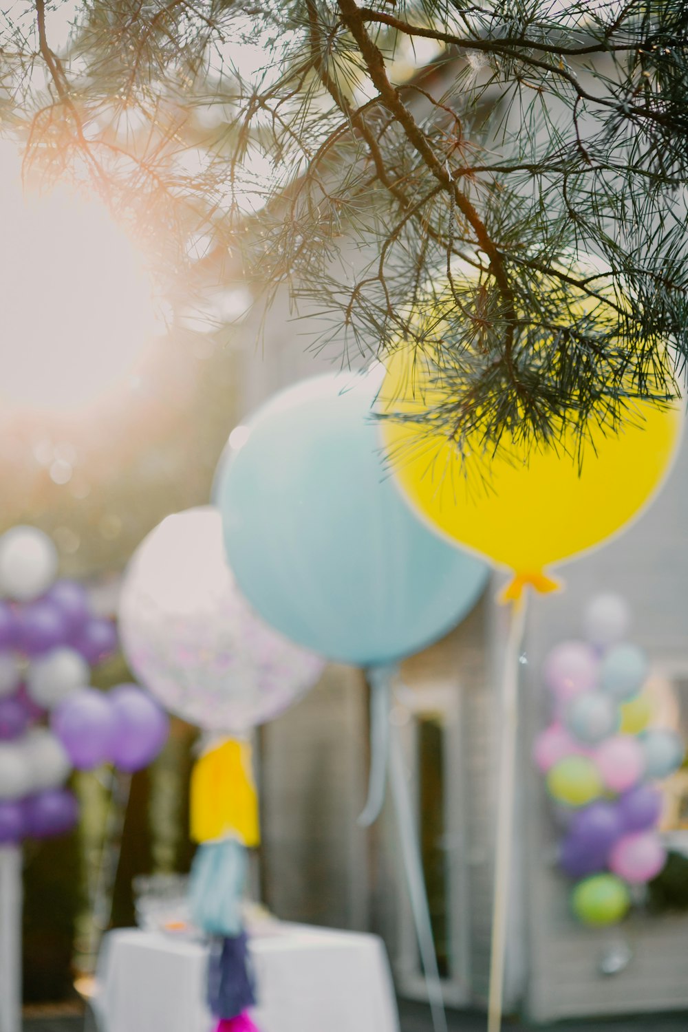 Ein Haufen Luftballons, die an einem Baum hängen