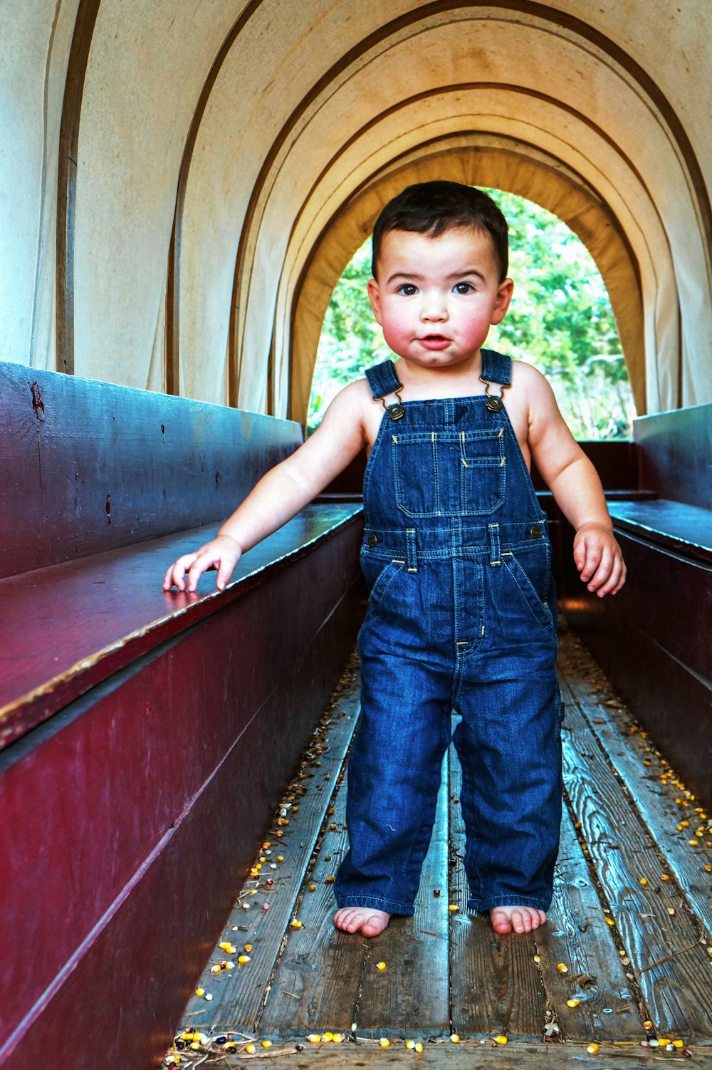 a little boy that is standing on a bridge