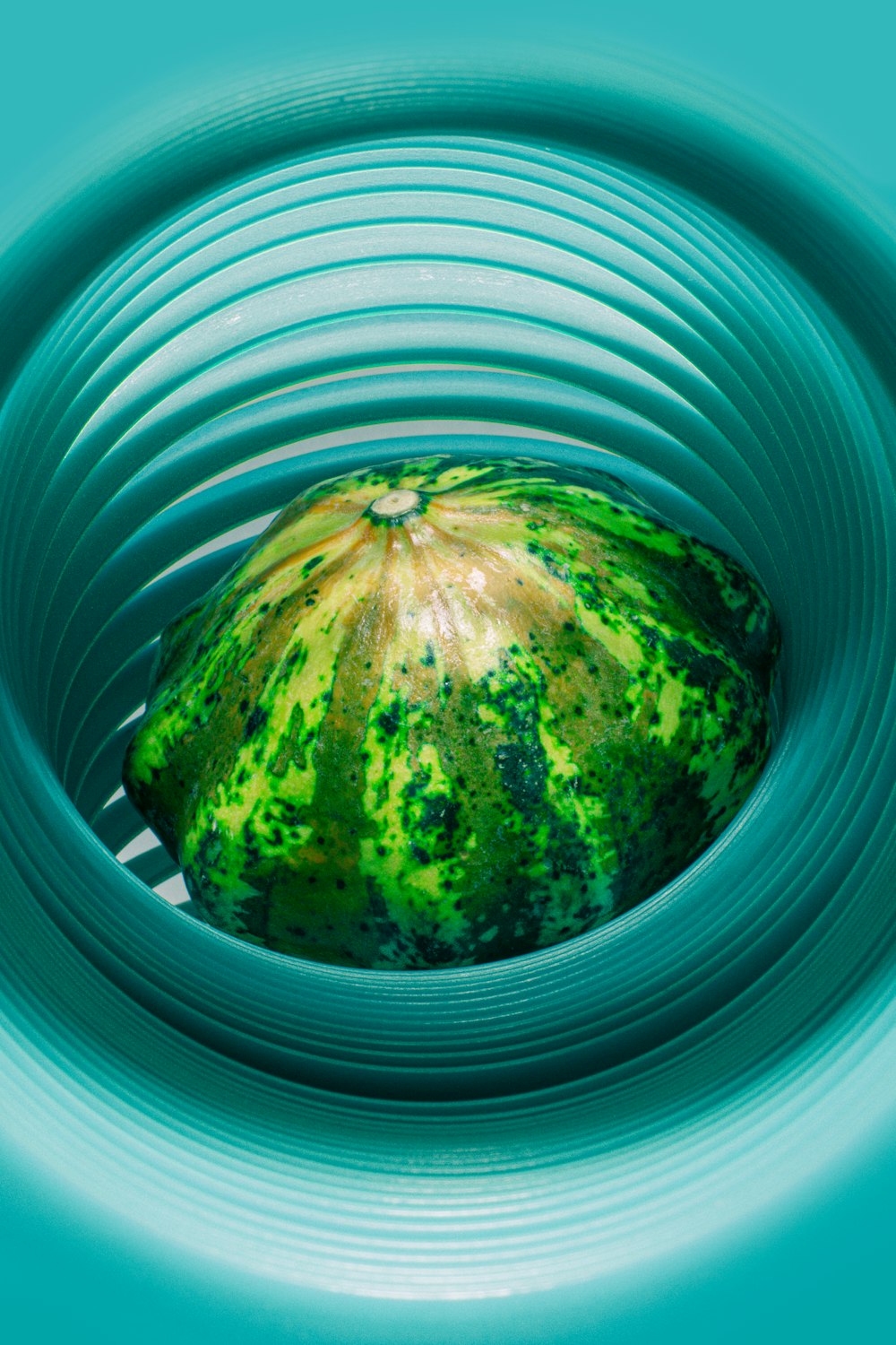 a watermelon sitting in a blue bowl