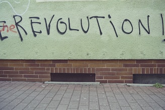 Black graffiti spelling 'REVOLUTION' is painted on a textured light green wall above a layer of brown bricks and a paved sidewalk.