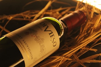 A bottle of red wine with a label featuring ornate designs and text indicating 'Cabernet Sauvignon'. The bottle rests on a bed of straw, creating a rustic and elegant composition. The ambient lighting casts a warm glow, highlighting the bottle's label and the wine's deep color.