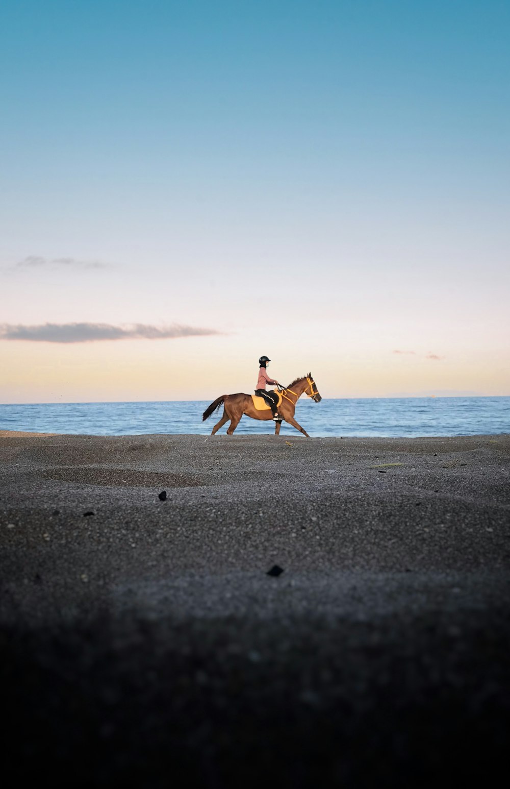 a person riding a horse on a beach