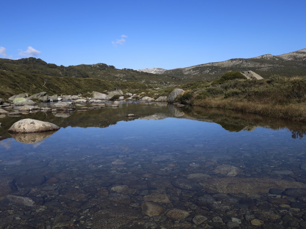 a body of water surrounded by rocks and grass