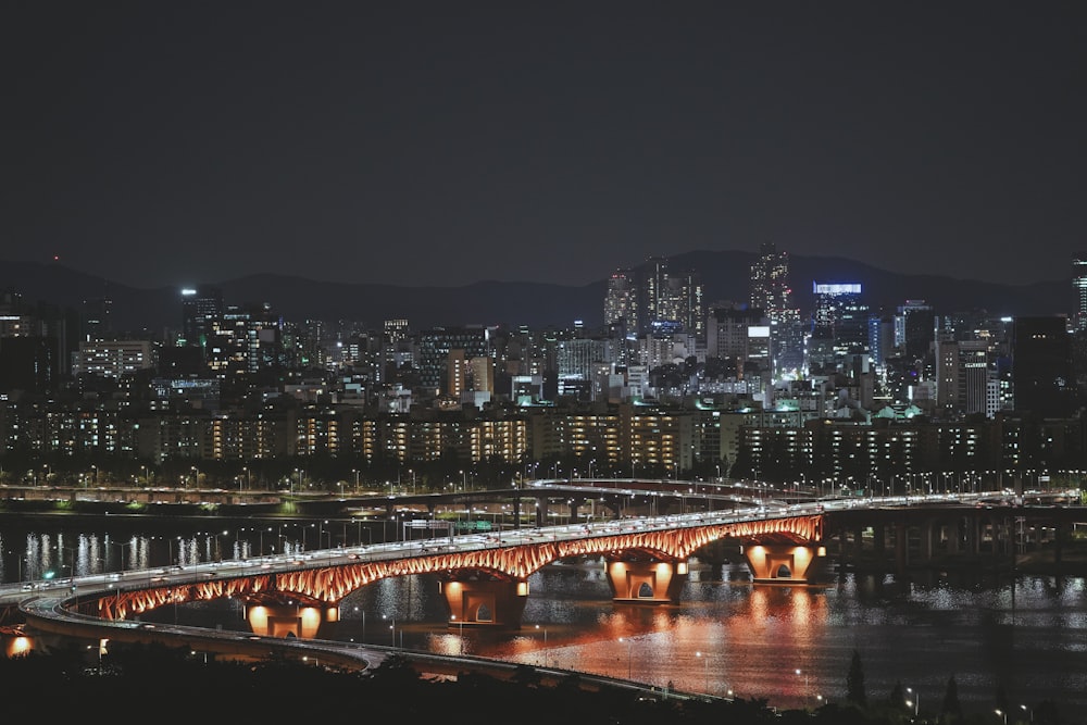 a bridge over a river with a city in the background