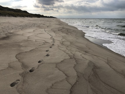 a sandy beach with footprints in the sand