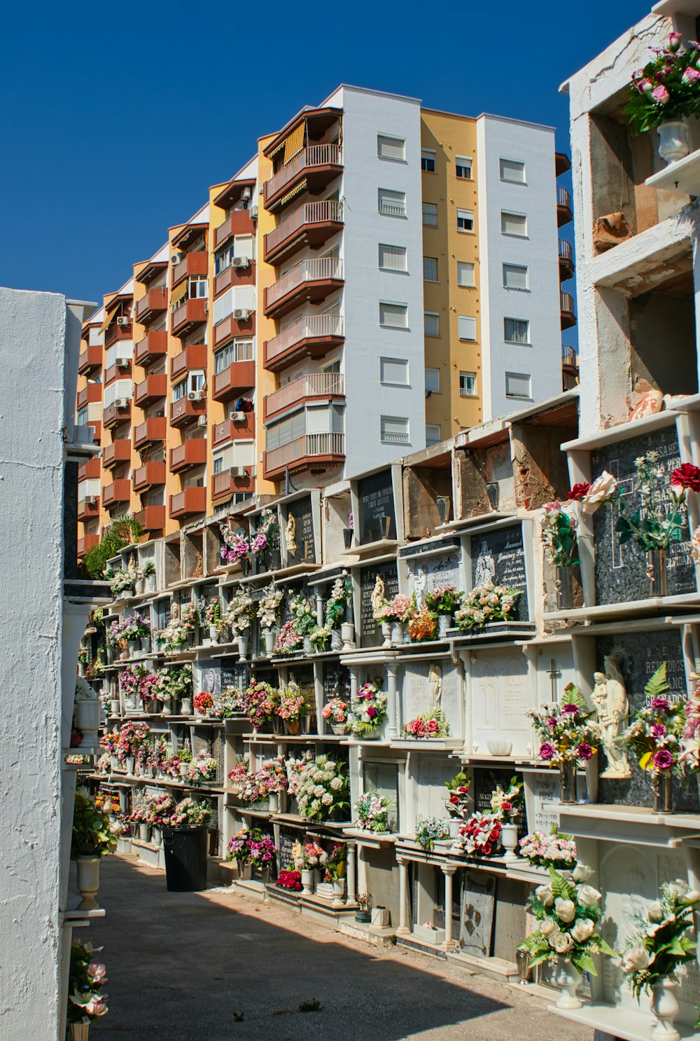 a row of flower pots in front of a building