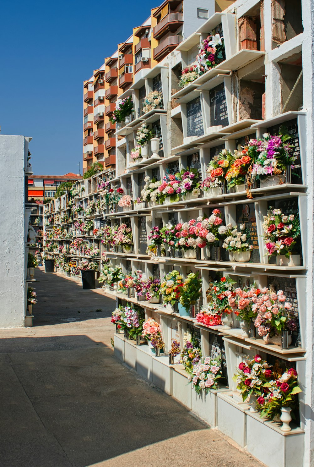 a long row of flower pots on the side of a building