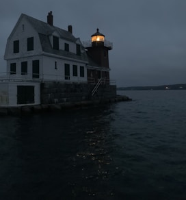 a white house sitting on top of a body of water