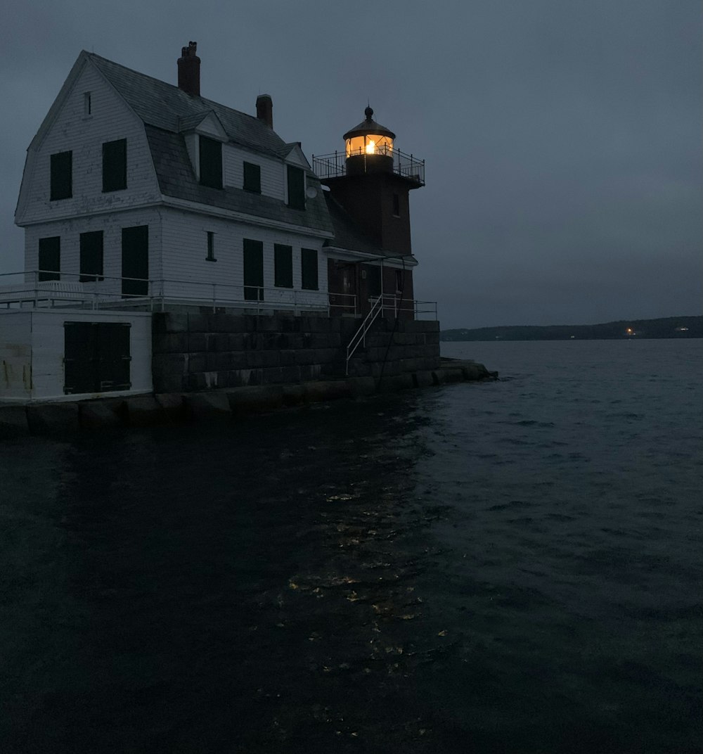 a white house sitting on top of a body of water