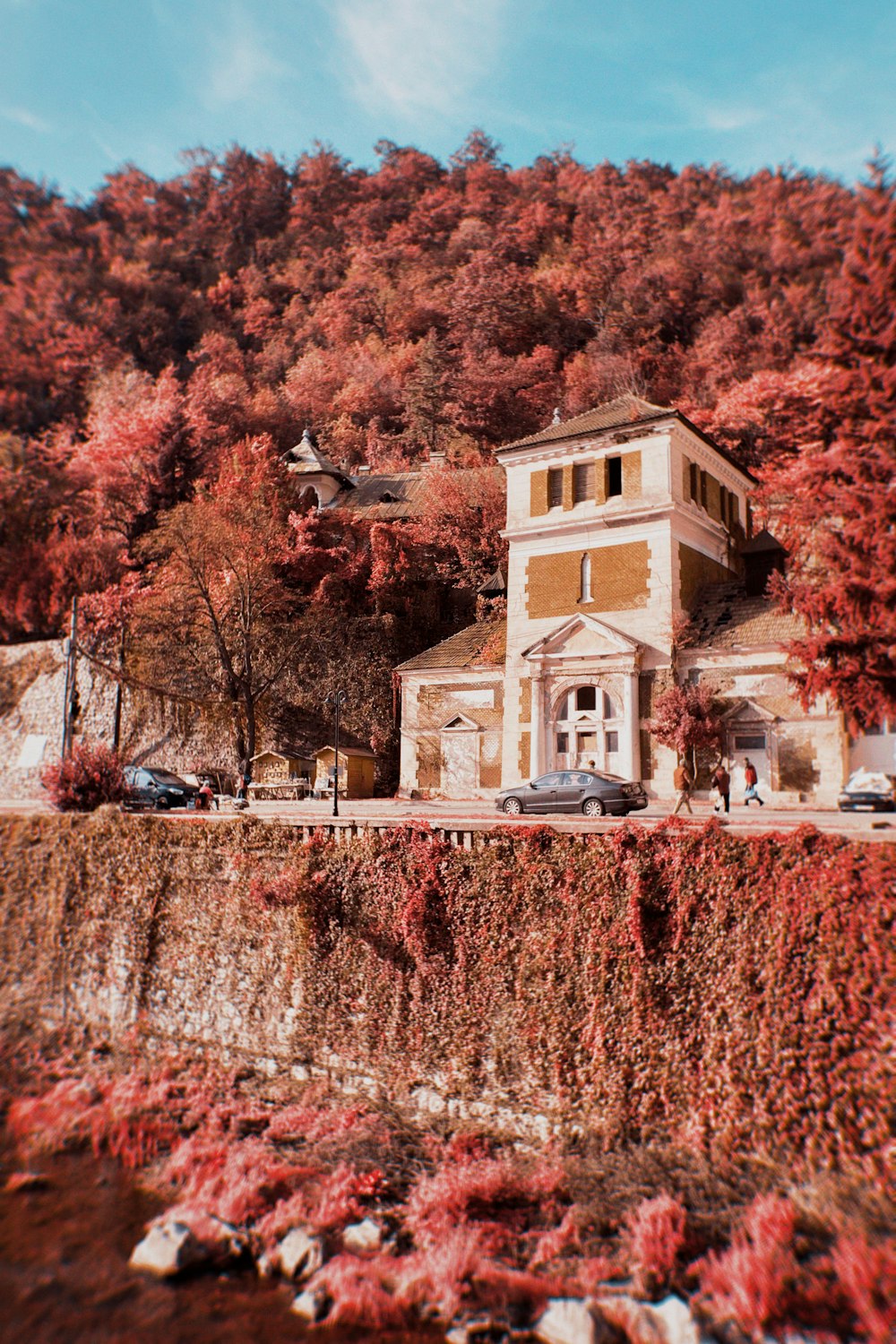 a building on the side of a hill with trees in the background