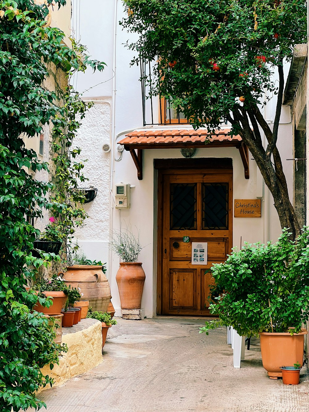 a building with potted plants and a wooden door