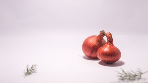 Two red onions with dried roots are placed on a clean, white surface. There are small sprigs of green herbs located in the bottom left and bottom right corners of the image.