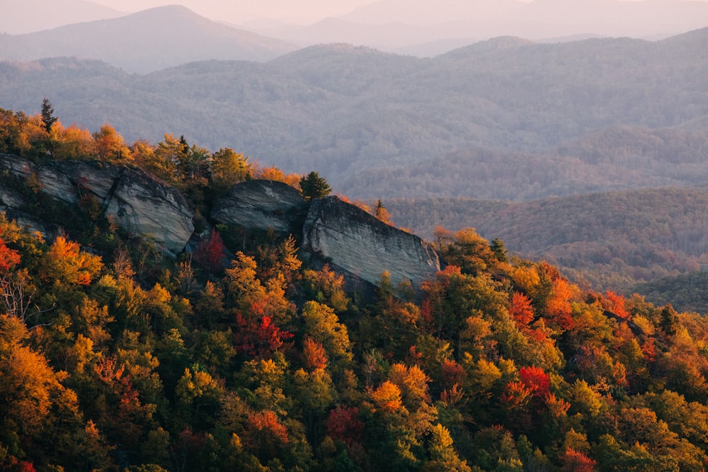 Una vista panoramica di una catena montuosa in autunno