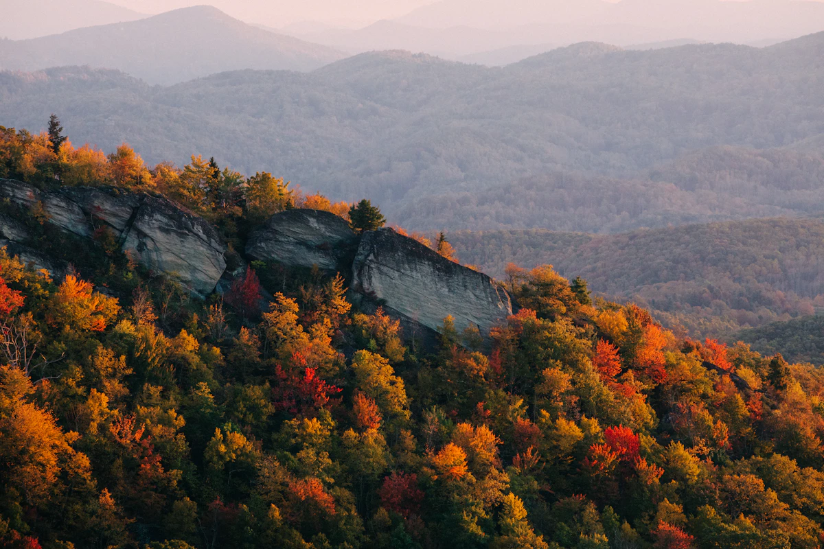 Rocky cliffside in autumn colors in the Blue Ridge Mountains