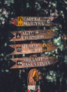 Wooden directional signposts are placed in a forested area, with each sign pointing towards different locations. The signs are rustic and weathered, featuring text and symbols, with a lush, leafy background.