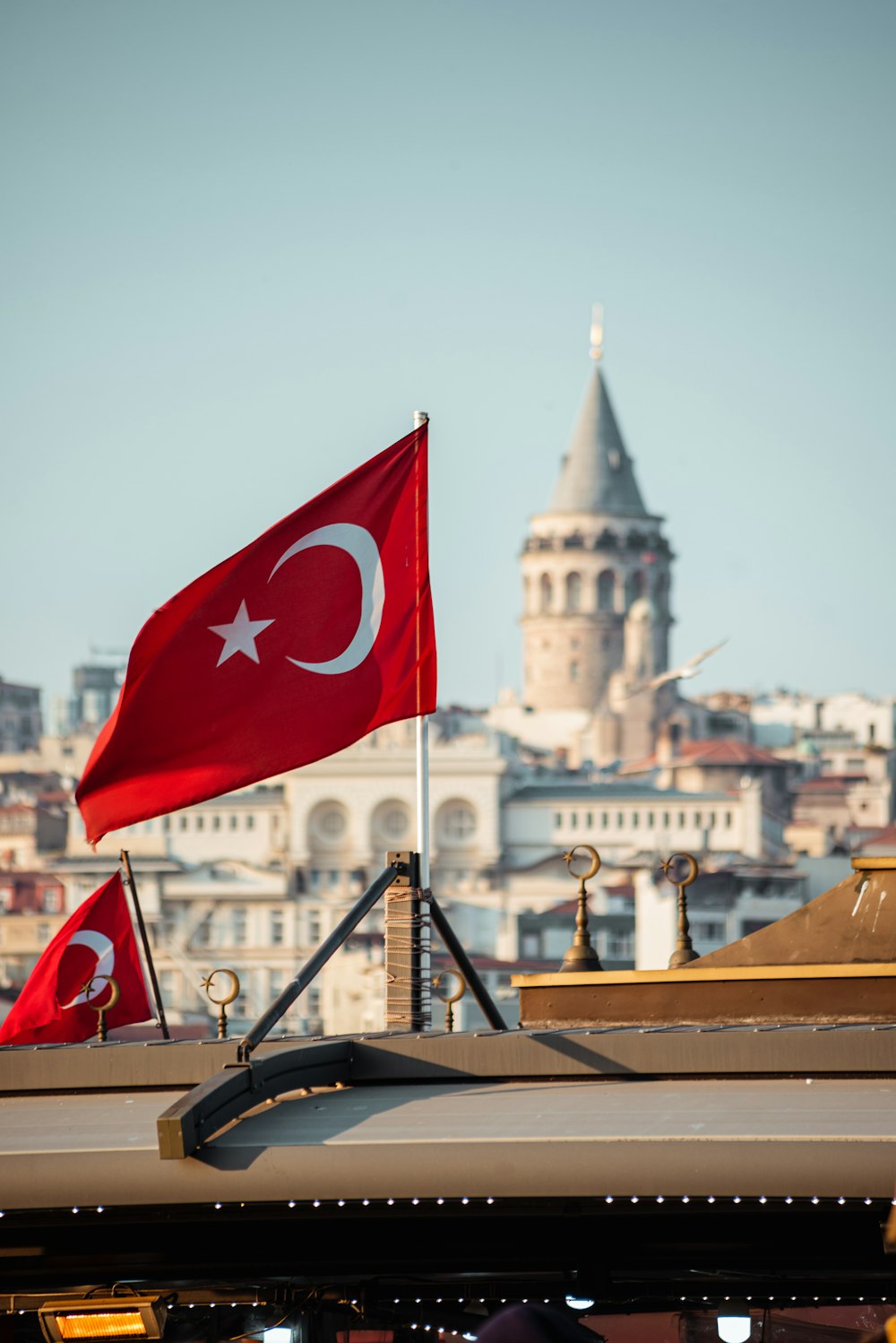 a flag flying in front of a city skyline