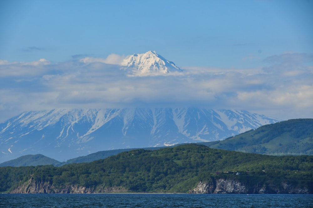 a snow covered mountain in the distance with a body of water in front of it