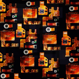 a black background with orange and yellow images