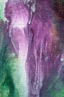 Abstract watercolor painting with flowing, swirling patterns in purple and green hues. The texture appears organic, with fluid transitions between colors and soft, ethereal blending. The watercolor technique creates a sense of depth and movement.