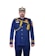 A person is wearing a formal military or naval uniform with a white and blue cap. The uniform is primarily navy blue, adorned with various gold accents including epaulettes, buttons, and decorative cords. There are multiple badges and insignia on the chest and arms, and a flag patch on the right sleeve.