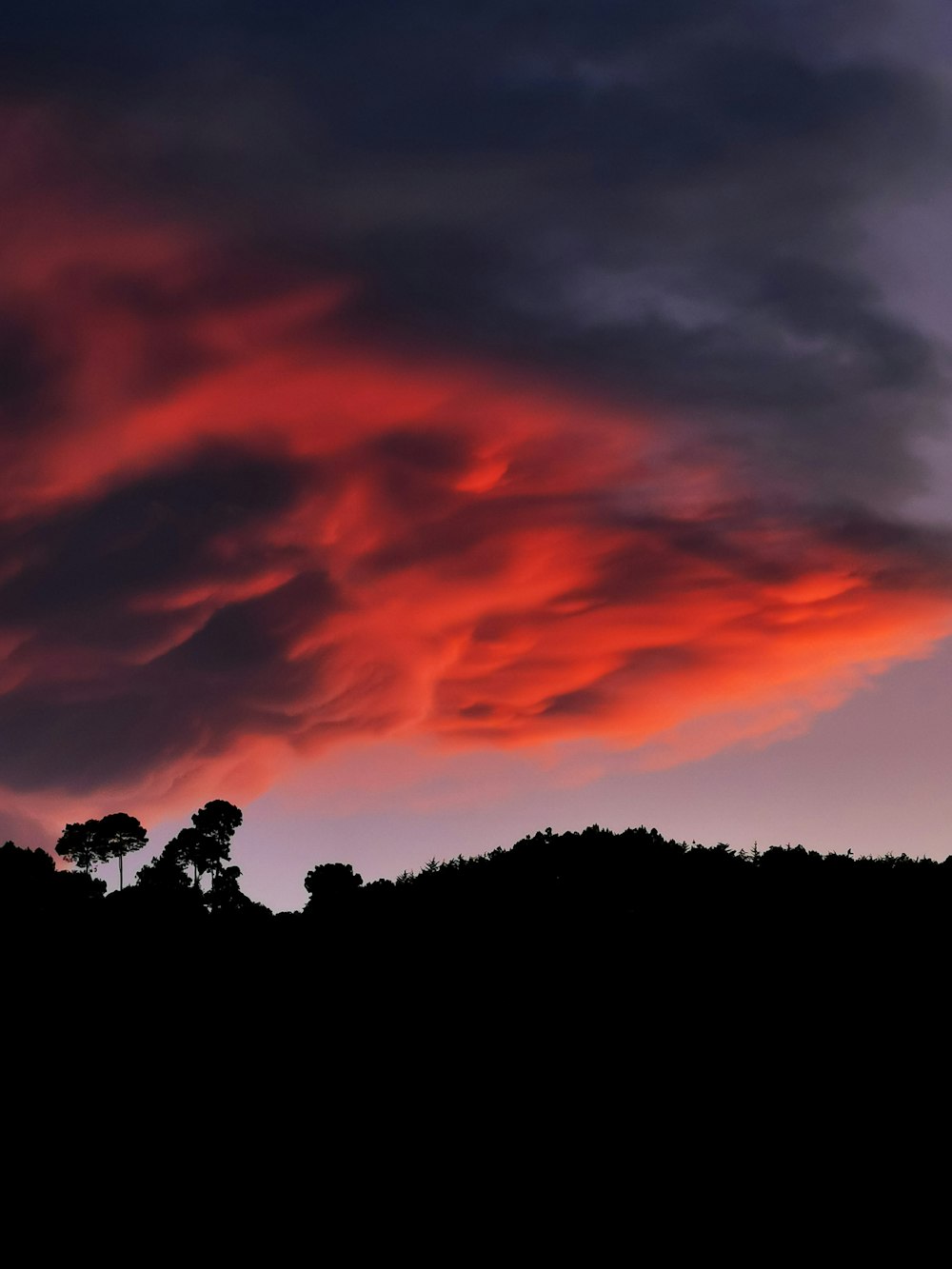 a red and blue sky with clouds and trees