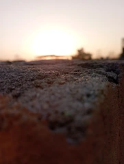 Close-up of concrete texture with construction tools on a sunny day.