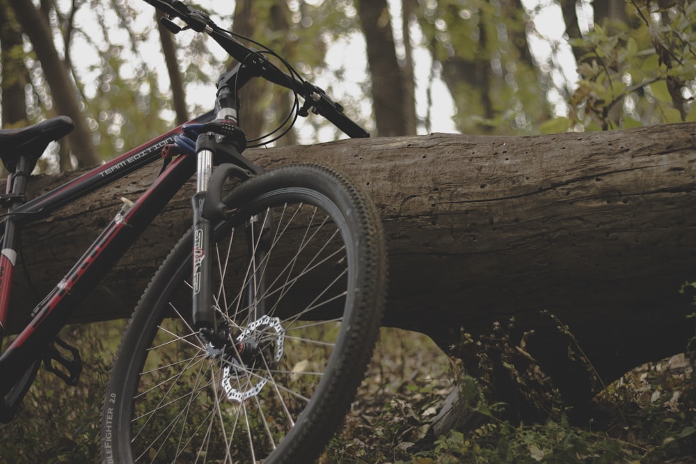 a bicycle parked next to a fallen tree in the woods