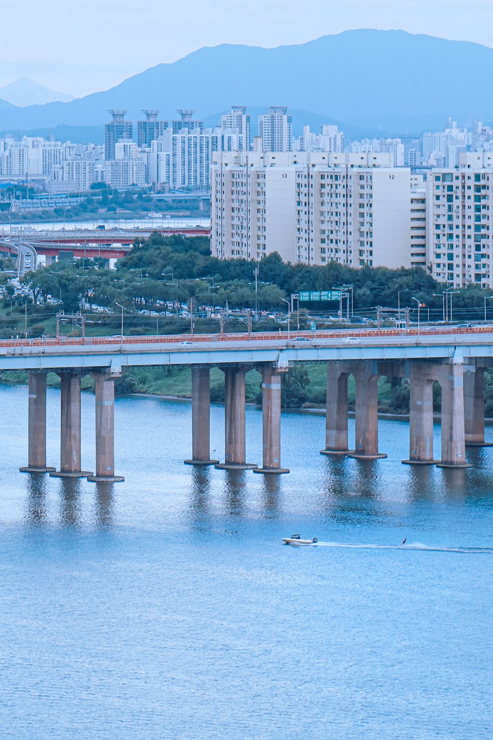 a bridge over a body of water with a city in the background