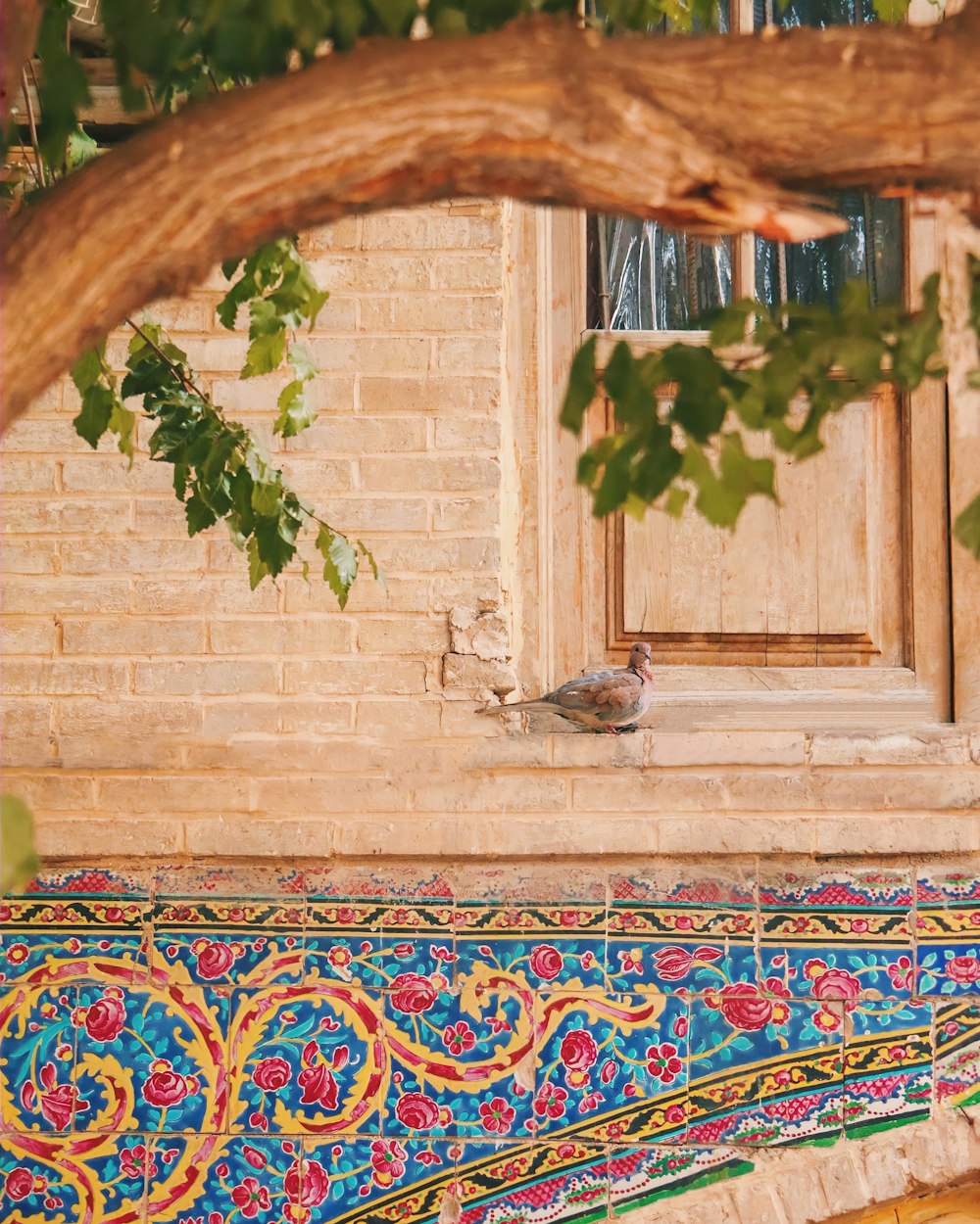 a bird sitting on a colorful bench under a tree