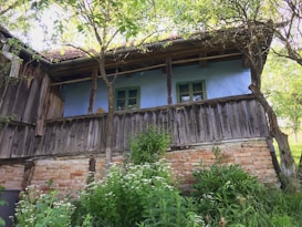 An old rustic house with a wooden upper section and a brick lower part, surrounded by green foliage. The blue-painted walls and green-framed windows contribute to its vintage appearance. Wildflowers and tall grass grow in the foreground, adding to the natural and untouched ambiance.